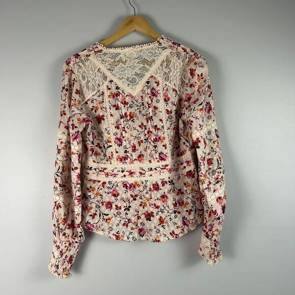 Anthropologie Boho Puff Sleeve Floral Lace Trim Blouse - Picture 3 of 6